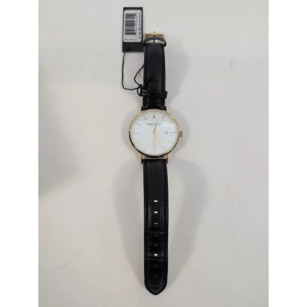 Kenneth Cole Watch Mens 40mm Gold Tone White‎ Dial Date Black Leather Strap READ